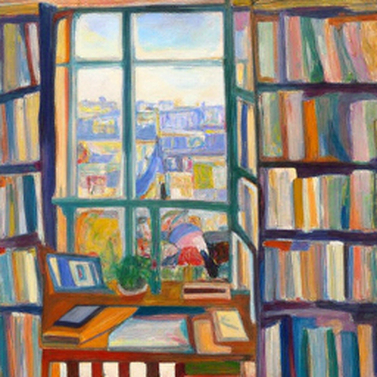 A painting of a reading room with tall bookshelves around an open window over the rooftops