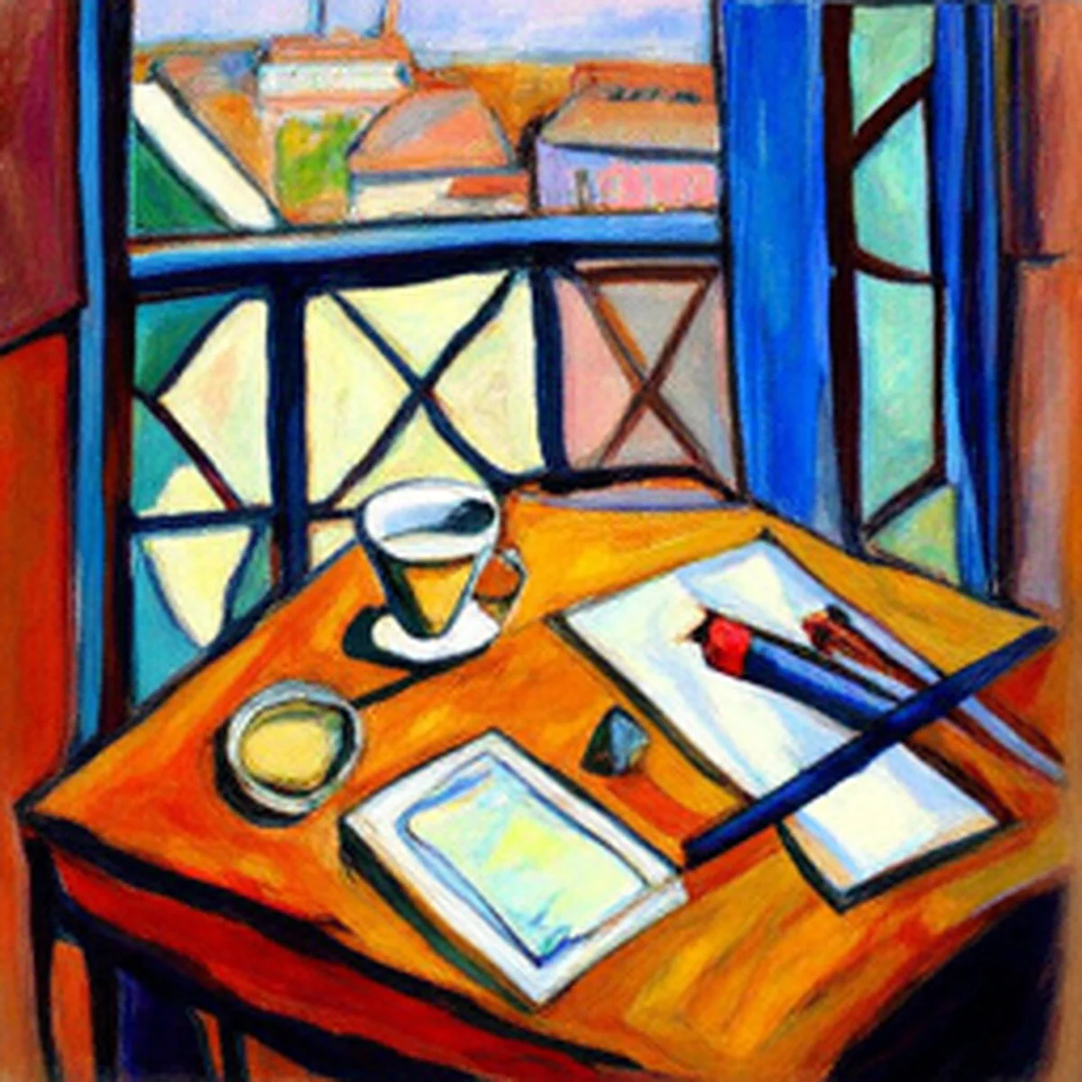 A painting of a desk by an open window over Paris rooftops, with a coffee, a notebook and pens