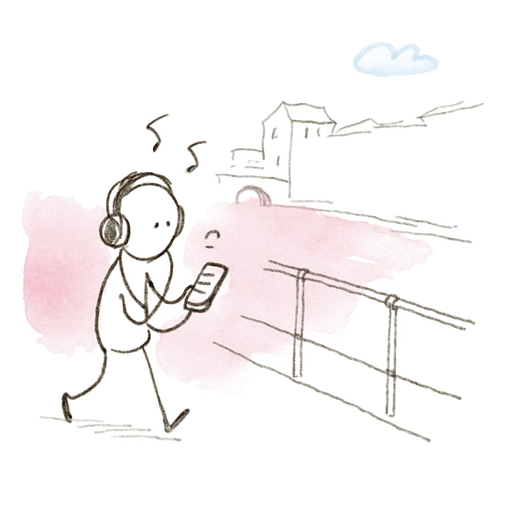 A doodle of a figure walking by a river with headphones and a phone