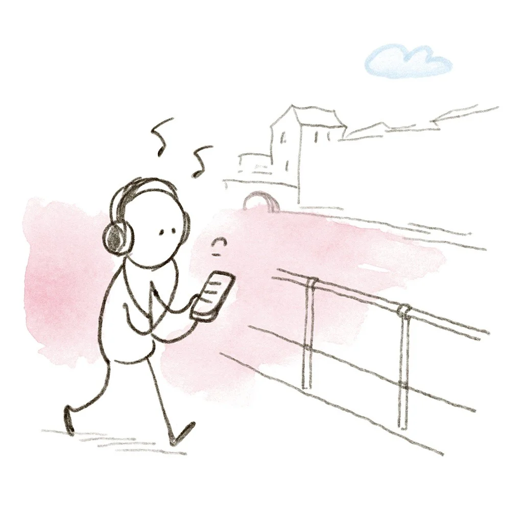 A doodle of a figure walking by a river with headphones and a phone