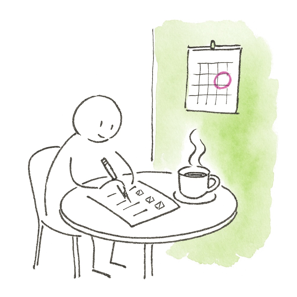 A doodle of a figure filling in a test at a café table