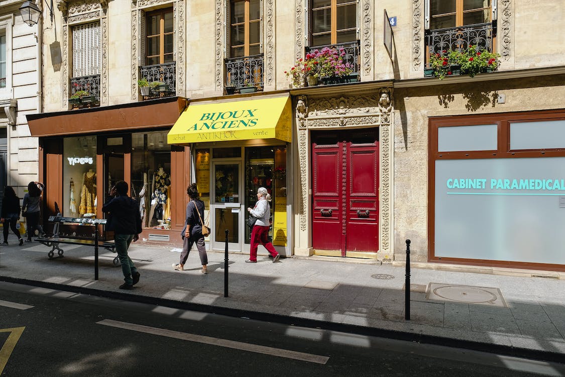 A Paris street corner with shopfronts