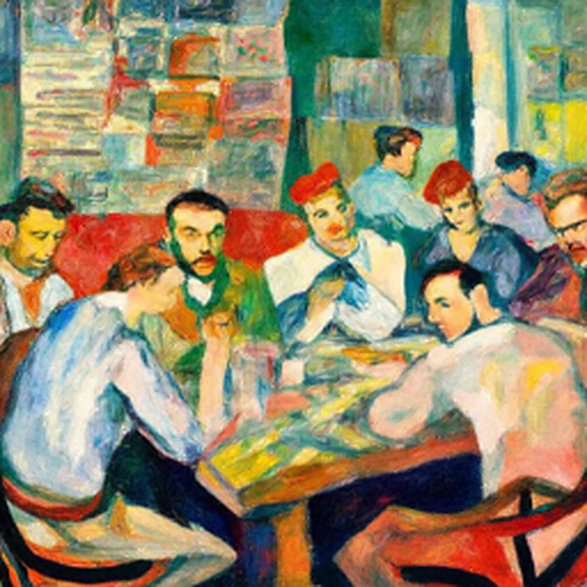 A painting of a crowded café table where friends argue over their drinks