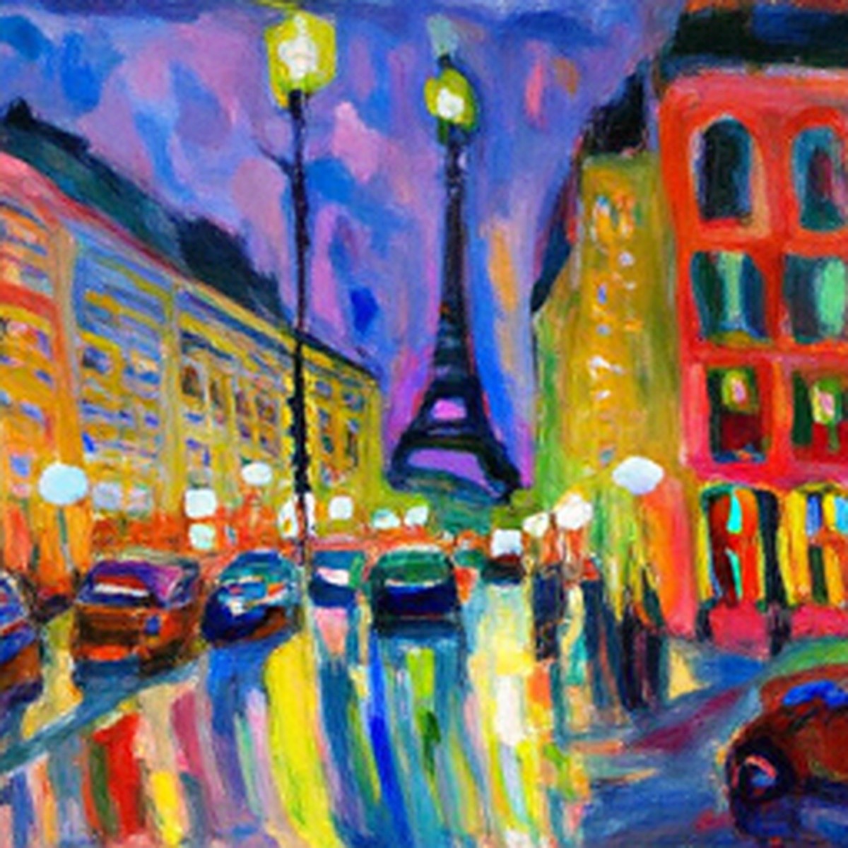 A painting of a Paris street at night in the rain, the Eiffel Tower lit up beyond the street lamps