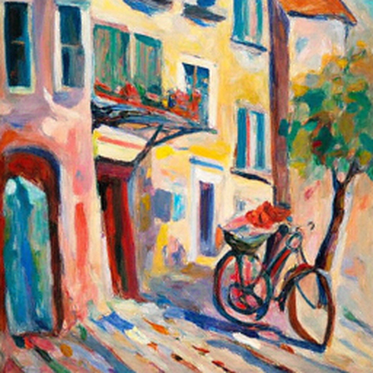 A painting of a sunny French street with a bicycle and flower boxes